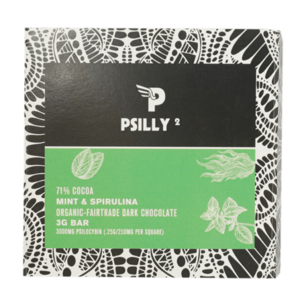 Psilly – Dark Chocolate Bar – Mint & Spirulina | Budmail Canada